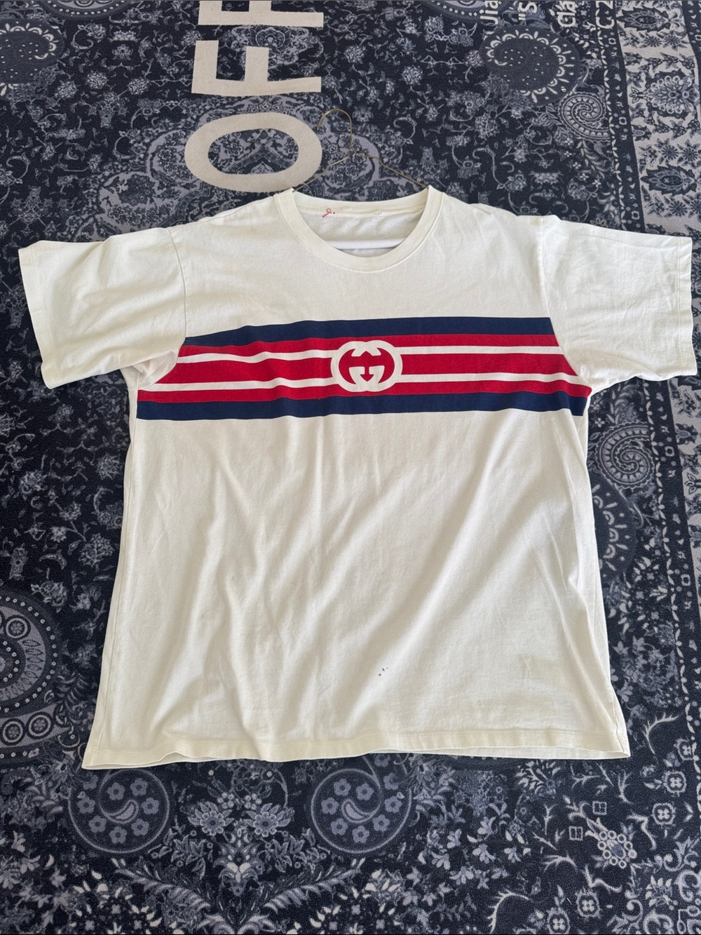 Gucci White Tee with Red and Navy Stripes and Double G Motif